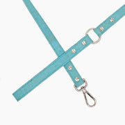 Shop our vegan leather blue cork pet leash, a cruelty-free and sustainable pet accessory for your beloved pet. Made from eco-friendly materials, this dog and cat leash combines style and ethics, perfect for conscious pet owners. Cruelty-free, luxury dog leash, unique pet leash, boho chic pet accessories, premium leashes, organic look, ethically made, handmade in the USA, LGBTQIA woman-owned, for the fashion dog.  #color_silver-color
