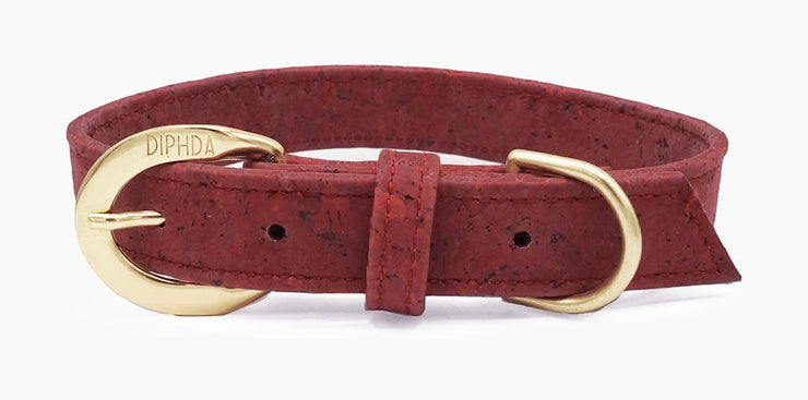 Shop our vegan leather red cork pet collar, a cruelty-free and sustainable pet accessory for your beloved pet. Made from eco-friendly materials, this dog and cat collar combines style and ethics, perfect for conscious pet owners. Cruelty-free, luxury dog collar, unique pet collar, boho chic pet accessories, premium collars, organic look, ethically made, handmade in the USA, LGBTQIA woman-owned, for the fashion dog. 