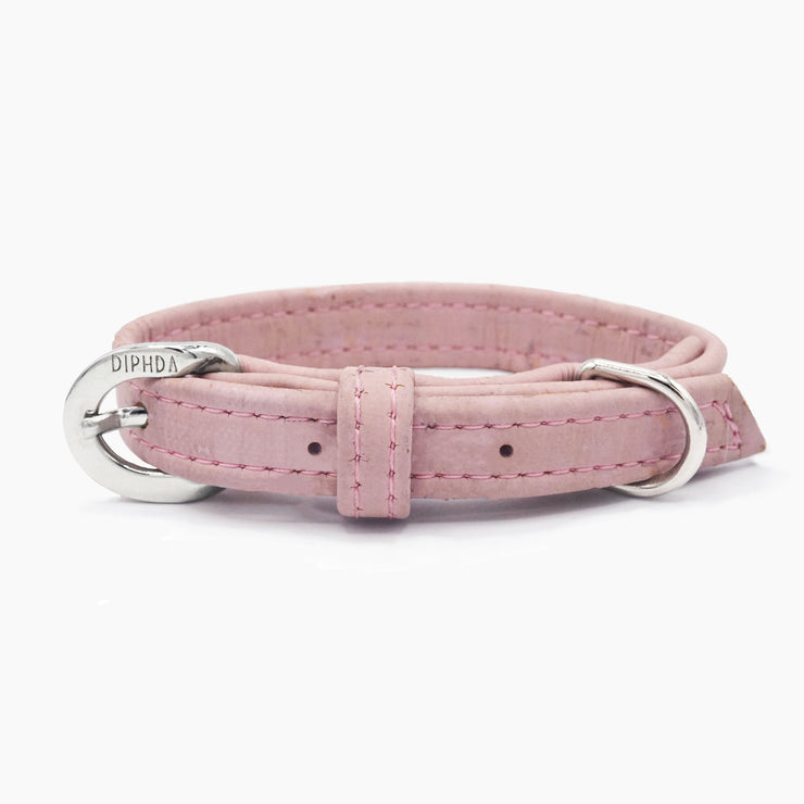 Shop our vegan leather rose pink cork pet collar, a cruelty-free and sustainable pet accessory for your beloved pet. Made from eco-friendly materials, this dog and cat collar combines style and ethics, perfect for conscious pet owners. Cruelty-free, luxury dog collar, unique pet collar, boho chic pet accessories, premium collars, organic look, ethically made, handmade in the USA, LGBTQIA woman-owned, for the fashion dog. 