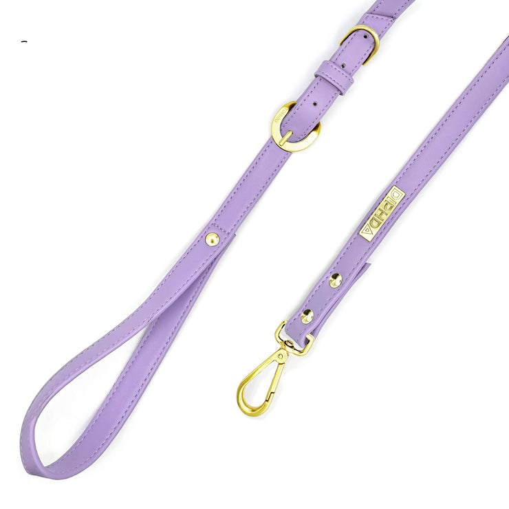 Purple lavender luxury vegan cactus leather collar and leash. Paired with our crystal charm jewelry for both people and pets. Designed for both dogs and cats and made in Los Angeles, CA. Our accessories are sustainable and we are women-owned. 
