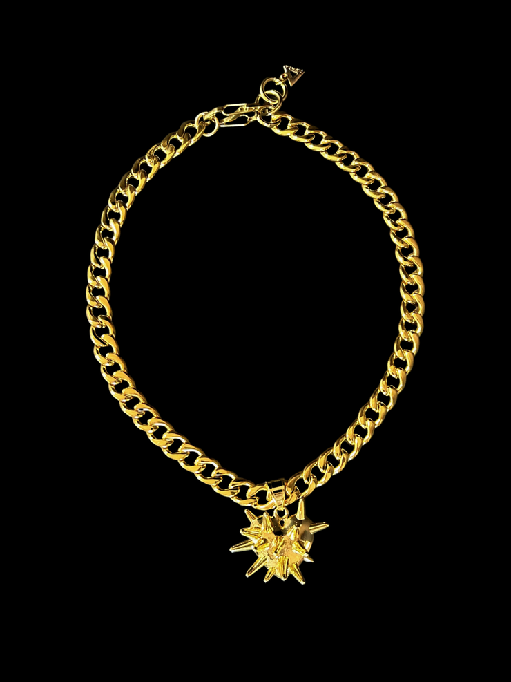 DIPHDA Slayed Heart Necklace with spike heart pendant on flat curb chain, available in gold or stainless steel—bold unisex statement jewelry handcrafted in LA.