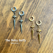 The DIPHDA Baby Buffy Spike Earrings - Two pairs, Silver & gold in Medium (the Classic) size. Cuff Earrings with one spike hanging horizontally with oval clips connecting them and a long spike dangling at the bottom.  Rock, punk, chic spike earrings. Single earrings & double earrings. Sold in silver (stainless steel) & gold.