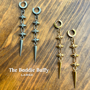 The DIPHDA Baddie Buffy Spike Earrings - Two pairs, Silver & gold in Medium (the Classic) size. Cuff Earrings with three spikes hanging horizontally with oval clips connecting them and a long spike dangling at the bottom.  Rock, punk, chic spike earrings. Single earrings & double earrings. Sold in silver (stainless steel) & gold.