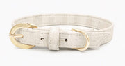 Shop our vegan leather white cork pet collar, a cruelty-free and sustainable pet accessory for your beloved pet. Made from eco-friendly materials, this dog and cat collar combines style and ethics, perfect for conscious pet owners. Cruelty-free, luxury dog collar, unique pet collar, boho chic pet accessories, premium collars, organic look, ethically made, handmade in the USA, LGBTQIA woman-owned, for the fashion dog. #color_gold-color