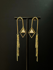 DIPHDA Cosmic Waterfall Earrings with cubic zirconia triangle charms and gold chain fringe, displayed against a celestial backdrop