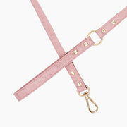 Shop our vegan leather pink cork pet leash, a cruelty-free and sustainable pet accessory for your beloved pet. Made from eco-friendly materials, this dog and cat leash combines style and ethics, perfect for conscious pet owners. Cruelty-free, luxury dog leash, unique pet leash, boho chic pet accessories, premium leashes, organic look, ethically made, handmade in the USA, LGBTQIA woman-owned, for the fashion dog. #color_gold-color