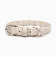 Shop our vegan leather white cork pet collar, a cruelty-free and sustainable pet accessory for your beloved pet. Made from eco-friendly materials, this dog and cat collar combines style and ethics, perfect for conscious pet owners. Cruelty-free, luxury dog collar, unique pet collar, boho chic pet accessories, premium collars, organic look, ethically made, handmade in the USA, LGBTQIA woman-owned, for the fashion dog.  #color_silver-color