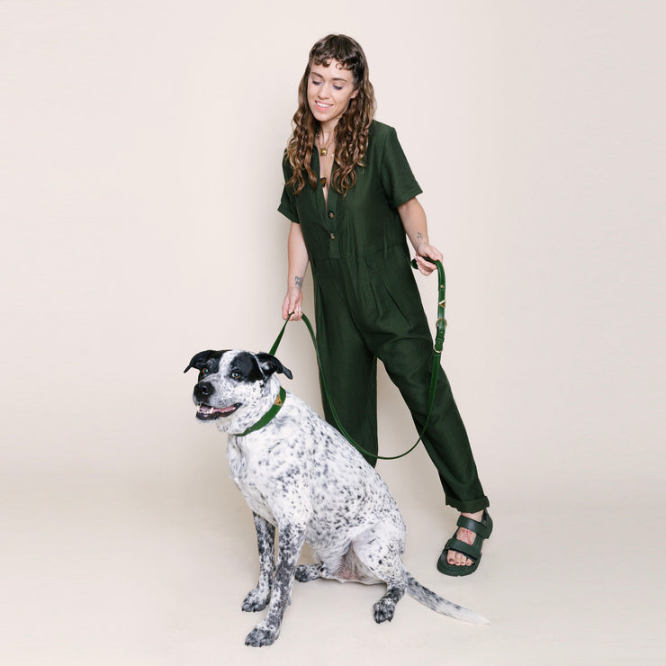 olive hunter green luxury vegan cactus leather collar and leash. Paired with our crystal charm jewelry for both people and pets. Designed for both dogs and cats and made in Los Angeles, CA. Our accessories are sustainable and we are women-owned.