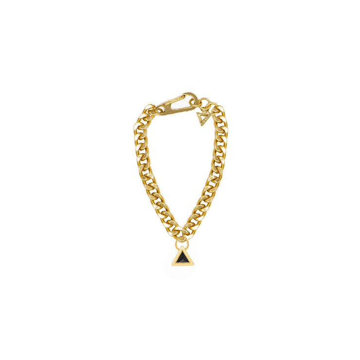 DIPHDA Jewelry - Pictured: 18K gold plated stainless steel, triangle geometric pendant/ charm bracelet, Cuban/ curb chunk chain with a large industrial clip/ clasp.  Handmade unique luxury crystal jewelry. DIPHDA jewelry is gender-neutral, for men and women. DIPHDA is a sustainable, LGBTQIA+, women-owned business. Handcrafted in Los Angeles, Made in the U.S.A. 