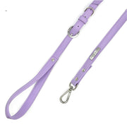 Purple lavender luxury vegan cactus leather collar and leash. Paired with our crystal charm jewelry for both people and pets. Designed for both dogs and cats and made in Los Angeles, CA. Our accessories are sustainable and we are women-owned. #color_silver-color