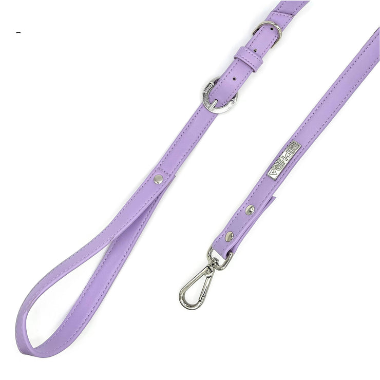 Purple lavender luxury vegan cactus leather collar and leash. Paired with our crystal charm jewelry for both people and pets. Designed for both dogs and cats and made in Los Angeles, CA. Our accessories are sustainable and we are women-owned. 
