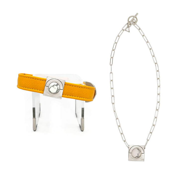 luxury vegan cactus leather collar and leash. Paired with our crystal charm jewelry for both people and pets. Designed for both dogs and cats and made in Los Angeles, CA. Our accessories are sustainable and we are women-owned. white howlite crystal gemstone solid brass charm, stainless steel jewelry, luxury gift box.