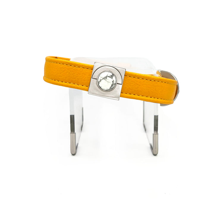 Sunflower yellow orange luxury vegan cactus leather collar and leash. Paired with our crystal charm jewelry for both people and pets. Designed for both dogs and cats and made in Los Angeles, CA. Our accessories are sustainable and we are women-owned.