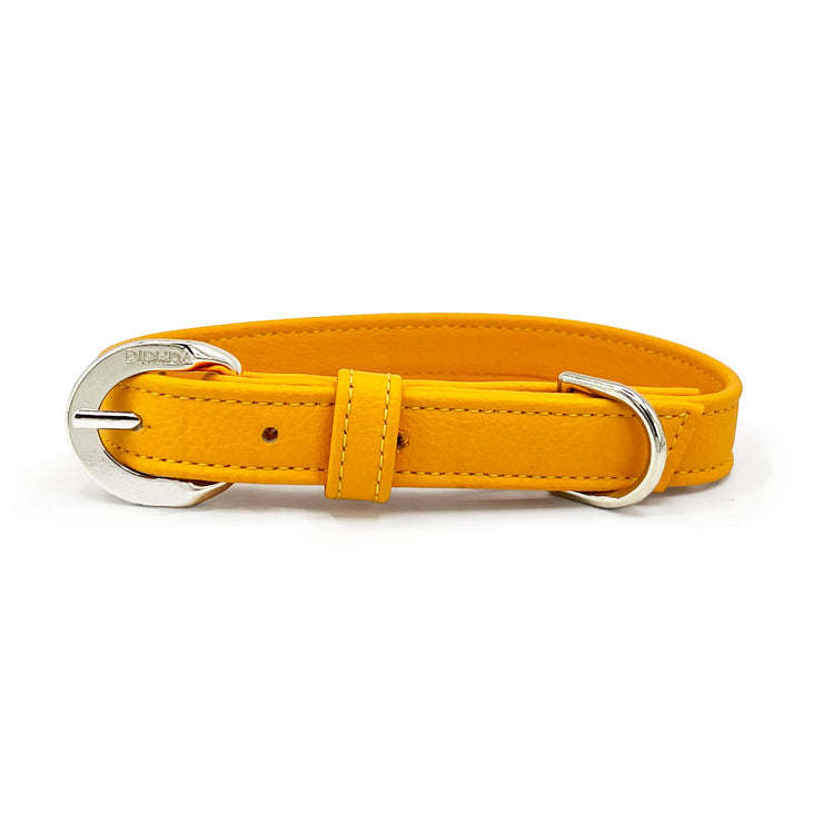Sunflower yellow orange luxury vegan cactus leather collar and leash. Paired with our crystal charm jewelry for both people and pets. Designed for both dogs and cats and made in Los Angeles, CA. Our accessories are sustainable and we are women-owned. 